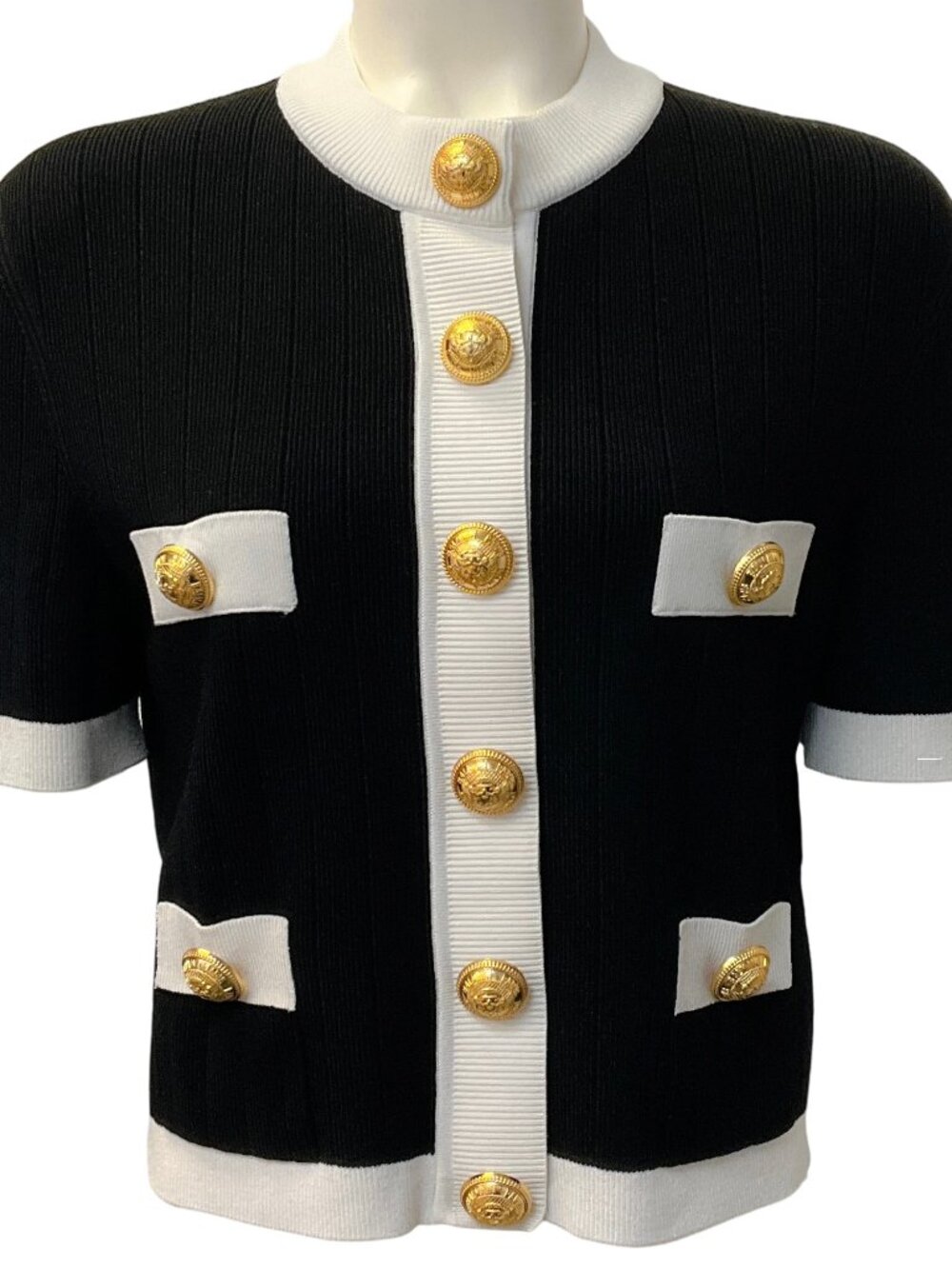 Balmain Black / White Button Front Knit Short Sleeved Jacket